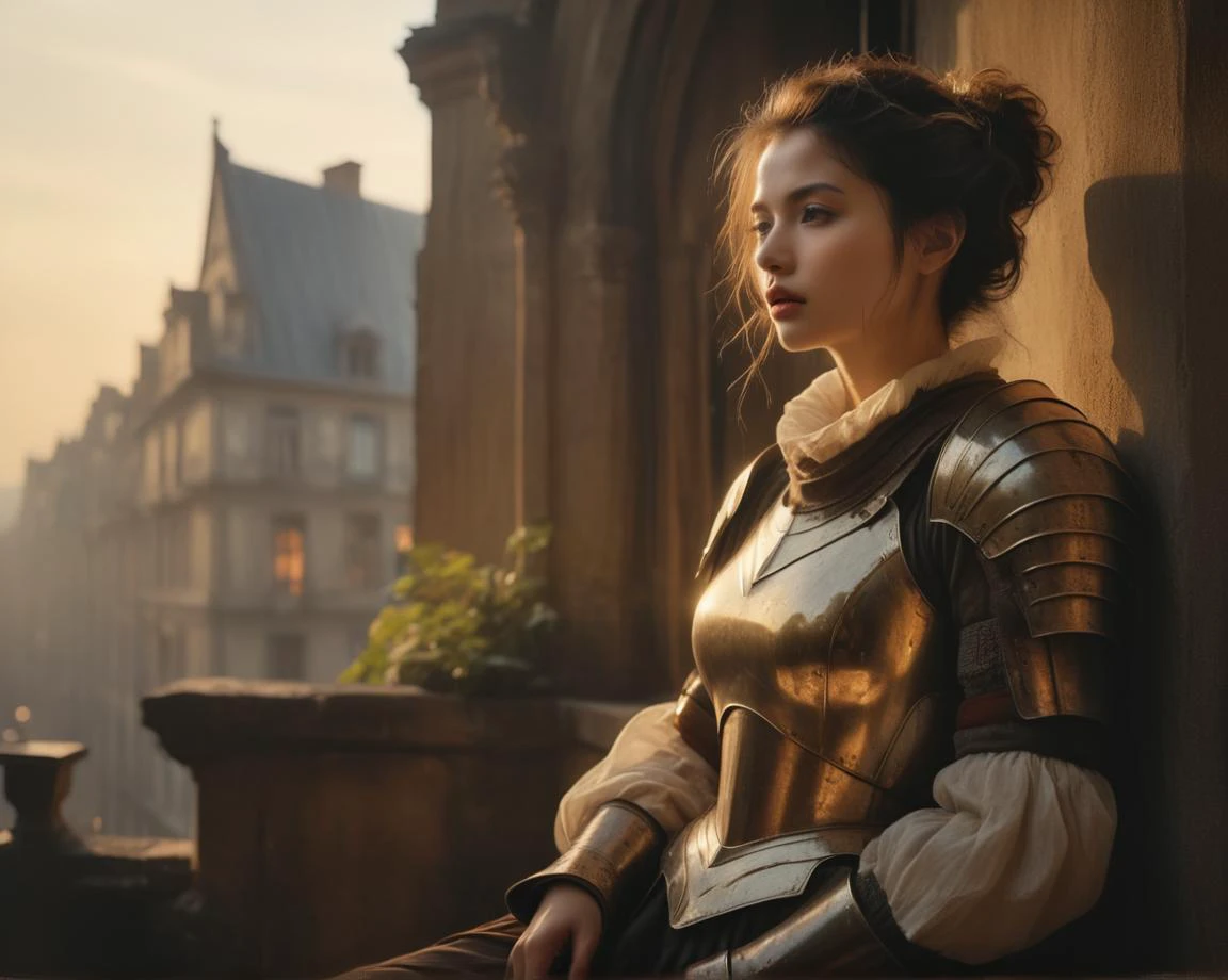 Professional (cinematic shot:1.6) dark Chiaroscuro effect three-quarter view [prismacolor sketch :photograph:0.750] evocative fantasy art by ([Ruan Jia : Ingrid Baars: 0.75]:1.4) and (Fujii Yoshitoyo :0.6) and (François Quesnel:0.35) , detailed [eyes | pupils | face | teeth ] Rembrandt Lighting Oblique Angle film grain, natural skin, [hyper realistic | detailed | intricate | best quality | hyper detailed | ultra realistic | HQ |8K | UHD | 16K | ornate | masterpiece art] , (photo realistic:1.4), sharp focus, bokeh, depth of field, rule of thirds, at expansive Dazzling with diamonds Grand palaces golden hour [fantasy:sci-fi:0.25] scene of a (man viewing from a high ledge the far-away destination ) fighting with (valiant Battle worn warrior woman in armor leading army to war ) Daniela (face looking singing:1.4), <lora:Jean-Baptiste Monge Style:1> Jean-Baptiste Monge Style page , <lora:Double Exposure XL:0.5> double exposure,
