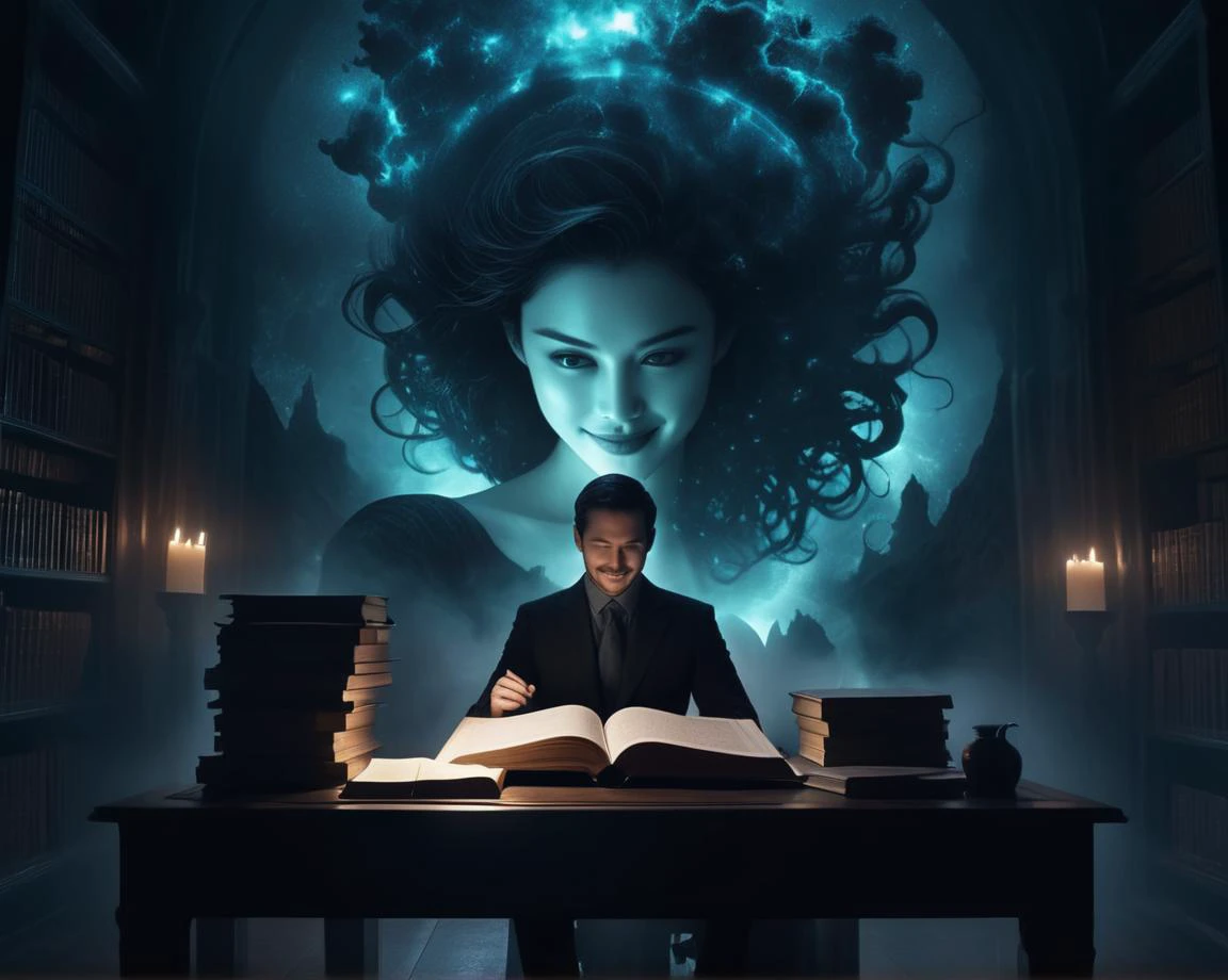 Professional quality (cinematic shot:1.6) wide shot darkness Chiaroscuro effect three-quarter view [fantasy:sci-fi:0.25] scene of a (man studying stacks of ancient papers in an hidden library ) beholding with (valiant Futuristic tech infused strong heroine cyber woman ) Amelia (face looking Pensive:1.4) BREAK [fantasy:sci-fi:0.25] scene of a (man studying maps books charts about magic treasure in a dark library ) floating with (mighty Trippy interdimensional holographic mythic spirit woman vision ) Penelope (face looking laughing:1.4) BREAK [fantasy:sci-fi:0.25] scene of a (man revealing evil plan to imprisioned hero ) fighting with (noble evil spirit woman glowing fractal outlines cursed to roam the earth ) Fleur (face looking smiling:1.4), <lora:Erik Madigan Heck Style:1> Erik Madigan Heck Style page , <lora:Double Exposure XL:0.5> double exposure,