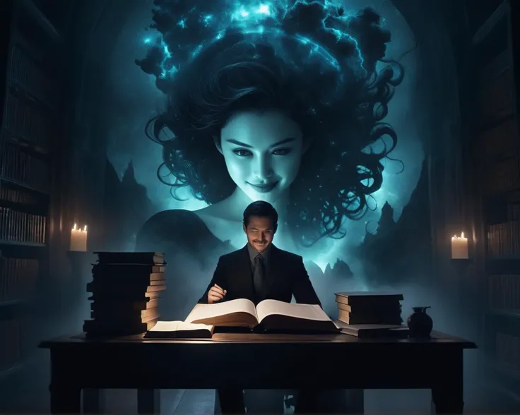 Professional quality (cinematic shot:1.6) wide shot darkness Chiaroscuro effect three-quarter view [fantasy:sci-fi:0.25] scene of a (man studying stacks of ancient papers in an hidden library ) beholding with (valiant Futuristic tech infused strong heroine cyber woman ) Amelia (face looking Pensive:1.4) BREAK [fantasy:sci-fi:0.25] scene of a (man studying maps books charts about magic treasure in a dark library ) floating with (mighty Trippy interdimensional holographic mythic spirit woman vision ) Penelope (face looking laughing:1.4) BREAK [fantasy:sci-fi:0.25] scene of a (man revealing evil plan to imprisioned hero ) fighting with (noble evil spirit woman glowing fractal outlines cursed to roam the earth ) Fleur (face looking smiling:1.4), <lora:Erik Madigan Heck Style:1> Erik Madigan Heck Style page , <lora:Double Exposure XL:0.5> double exposure,