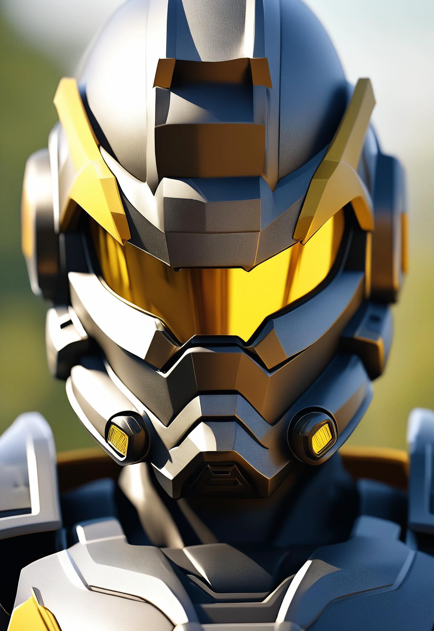 i want the whole image to be created in 3D anime style, solo, 1boy, yellow eyes, upper body, male focus, armor, blurry, blurry background, helmet, science fiction, looking ahead, power armor, tokusatsu