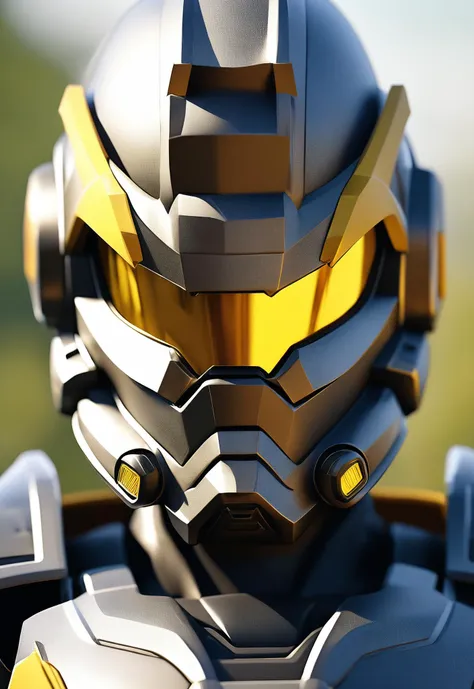 i want the whole image to be created in 3D anime style, solo, 1boy, yellow eyes, upper body, male focus, armor, blurry, blurry background, helmet, science fiction, looking ahead, power armor, tokusatsu
