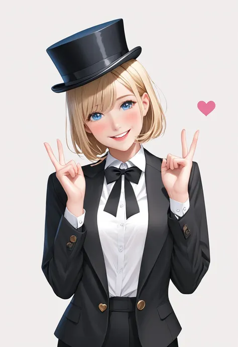 1girl, solo, looking at viewer, blush, smile, short hair, bangs, blue eyes, blonde hair, simple background, shirt, long sleeves, hat, white background, bow, closed mouth, jacket, white shirt, upper body, heart, collared shirt, bowtie, black jacket, head tilt, hands up, v, black headwear, black bow, top hat, double v