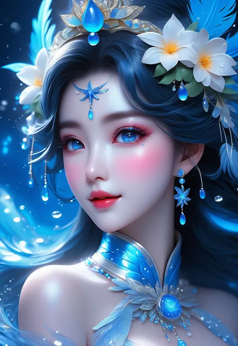 Girl with blue makeup and flowers, star art troupe (star) style, luminous dream scene, 32k UHD, charming cartoon characters, Chang 'e, ultimate beauty, detailed feather rendering, water droplets, high resolution