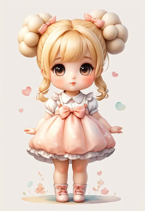 Hand-painted, watercolor, Cute girl, chibi anime, big eyes, blonde hair with double bun, large Sweet Dumplings, full body, dreamy, 8k