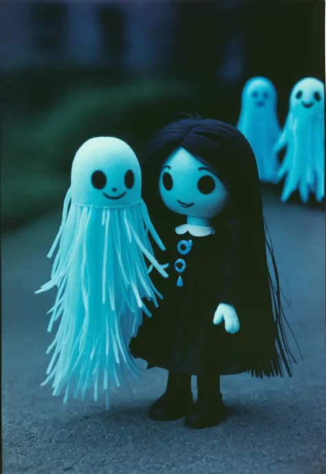 claymation characters plush puppet long haired neon ghosts and goth girl full colour magazine photo 1965