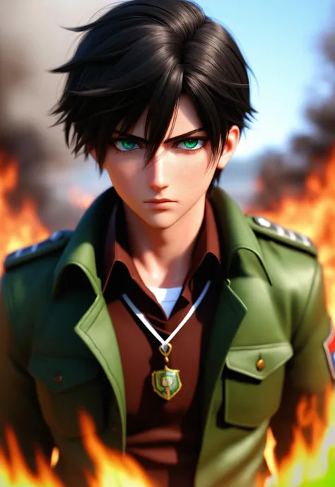 i want the whole image to be created in 3D anime style, solo, looking at viewer, short hair, blue eyes, shirt, black hair, long sleeves, 1boy, green eyes, jacket, male focus, open clothes, collared shirt, belt, blurry, uniform, open jacket, blood, blurry background, fire, freckles, brown jacket, blood on face, realistic, emblem, dirty, paradis military uniform, embers, dirty face, survey corps (emblem), green capelet