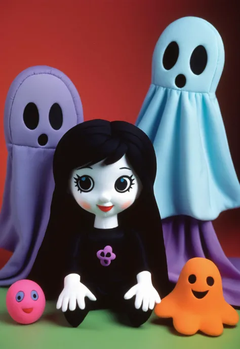 claymation characters plush puppet long haired neon ghosts and goth girl full colour magazine photo 1965