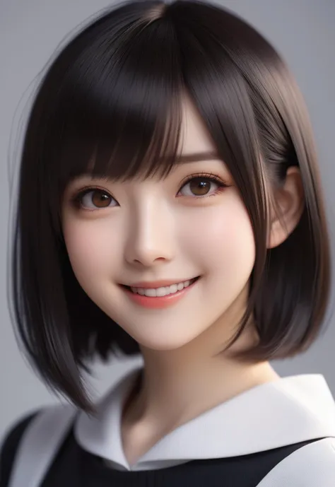 anime short jet black straight hair, in the style of science academia, miwa komatsu, uncanny valley realism, firecore, matte photo, tanya shatseva, high-school girl. Cute smile face. Dark brown eyes. natural lighting studio. 16K clear photo.