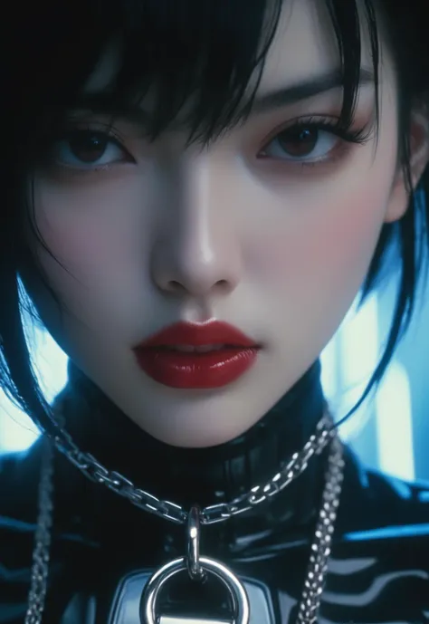 https://s.mj.run/ahq7YcvDHQc https://s.mj.run/gGJI9e6ajfU scene from (akira) [cute thick lips vampire macro shot, chrome chains all over ]. the image is illustrated in 1990s or 1980s anime style and captures that time's anime style well, like akira or ghost in the shell. the overall atmosphere of the image is gothic, melancholic and dark, with minimalistic aesthetics, high contrasted low light and dark shadows, and distorted tones