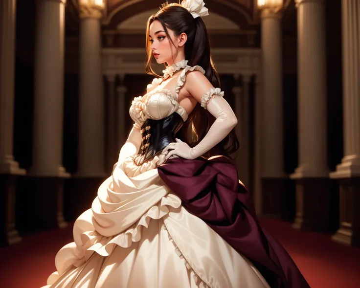 cinematic film still  1girl, solo, beautiful adult woman, Person_KimiyaHosseini, age 30, grand hall, interior,   jewelry, best quality, high quality,  corset, <lora:BustleFashion:0.7> frills, long dress, ballgown, bu5tl3, full body, hands on hips, [profile::3] elbow gloves, mini hat,  closeup, . shallow depth of field, vignette, highly detailed, high budget, bokeh, cinemascope, moody, epic, gorgeous, film grain, grainy