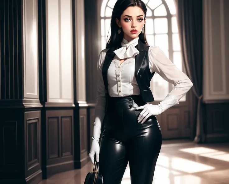 cinematic film still 1girl, solo, beautiful adult woman, Person_KimiyaHosseini, age 30, grand hall, interior, jewelry, best quality, high quality, (white gloves), standing, butler outfit, vest, tailcoat:1.2, elegant and sophisticated, Victorian era influence, tailored jacket, crisp white shirt, ascot, high-waisted trousers, polished leather boot heels, detailed embroidery, monochrome color palette, cinematic lighting 8k resolution, closeup, . shallow depth of field, vignette, highly detailed, high budget, bokeh, cinemascope, moody, epic, gorgeous, film grain, grainy