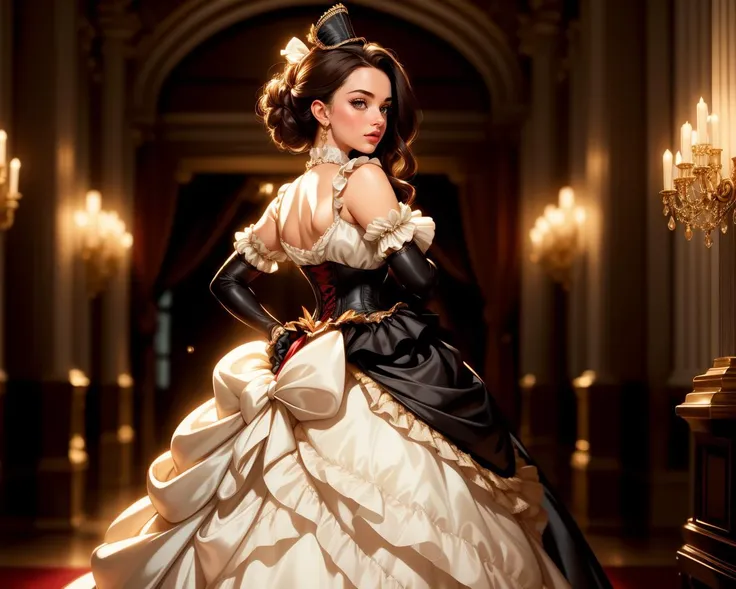 cinematic film still  1girl, solo, beautiful adult woman, Person_KimiyaHosseini, age 30, grand hall, interior,   jewelry, best quality, high quality,  corset, <lora:BustleFashion:0.7> frills, long dress, ballgown, bu5tl3, full body, hands on hips, [profile::3] elbow gloves, mini hat,   . shallow depth of field, vignette, highly detailed, high budget, bokeh, cinemascope, moody, epic, gorgeous, film grain, grainy