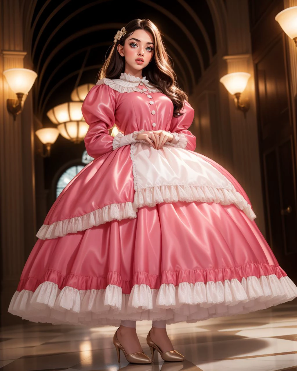 cinematic film still 1girl, solo, beautiful adult woman, Person_KimiyaHosseini, age 30, grand hall, interior, jewelry, best quality, high quality, <lora:Outfit_PastelFrenchMaid:0.8>, m4id, dress, frills, full body, . shallow depth of field, vignette, highly detailed, high budget, bokeh, cinemascope, moody, epic, gorgeous, film grain, grainy