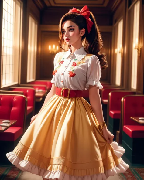 cinematic film still 1girl, solo, beautiful adult woman, Person_KimiyaHosseini, age 30, grand hall, interior, jewelry, best quality, high quality, 50s fashion, ((voluminous embroidered hemmed petticoat poodle skirt)), cotton, lace, ((shirtdress)), (hair ribbon),(belt), strict, high ponytail classic diner background, nostalgic vibe, bright colors, cinemascope, detailed, 8k resolution,, . shallow depth of field, vignette, highly detailed, high budget, bokeh, cinemascope, moody, epic, gorgeous, film grain, grainy