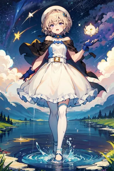 1girl, petite, infant, full body, above clouds, asymmetrical legwear, aurora, grass, belt, short hair, white headwear, standing, cape, cloud, cloudy sky, constellation, crescent moon, spreading fingers, water, water ball, water magic, flowing water, forest, blue dress, moon, earth \(planet\), stream, evening, steam, splashing,fluttered detailed splashs fingerless gloves, galaxy, gloves, gradient sky, horizon, light particles, milky way, mountain, mountainous horizon, night, night sky, blue sky, outdoors, planet, purple sky, dark sky, shooting star, shore, beige hair, sky, skyline, solo, space, star \(sky\), star \(symbol\), starry background, starry sky, starry sky print, moon, moonrise, moonset, uneven legwear,
<lora:iwanagakotoko:1.2>