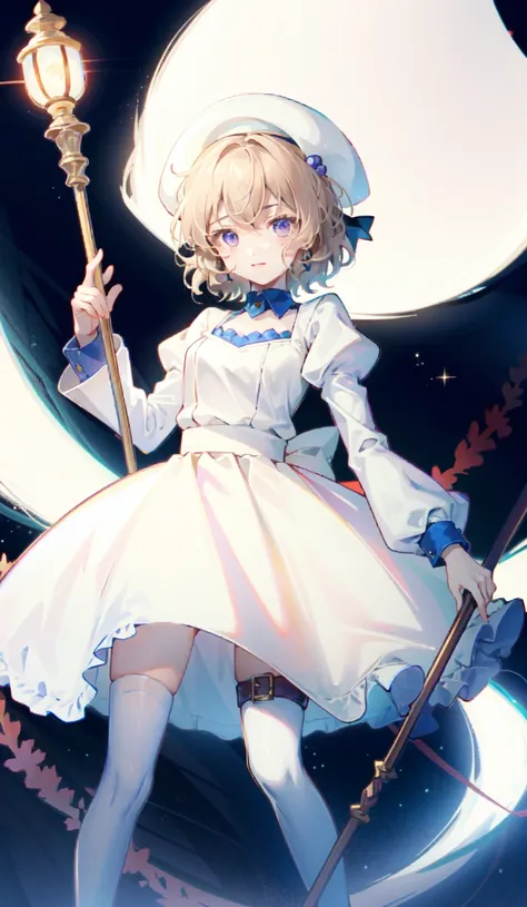 (iwanagadress:1.2), (iwanagakotoko:0.9),(beret:1.8), <lora:iwanagakotoko>,<lora:inventedInferenceIwanaga_v10>, light smile,
iwanaga kotoko, 1girl, beret, black bow, blue skirt, bow, brown footwear, cane, dress, hair bow, hat, holding, holding cane, juliet sleeves, light brown hair, long sleeves, looking at viewer, petticoat, puffy sleeves, purple eyes, short hair, skirt, solo, thigh strap, thighhighs, white dress, white headwear, white thighhighs, kyokou suiri