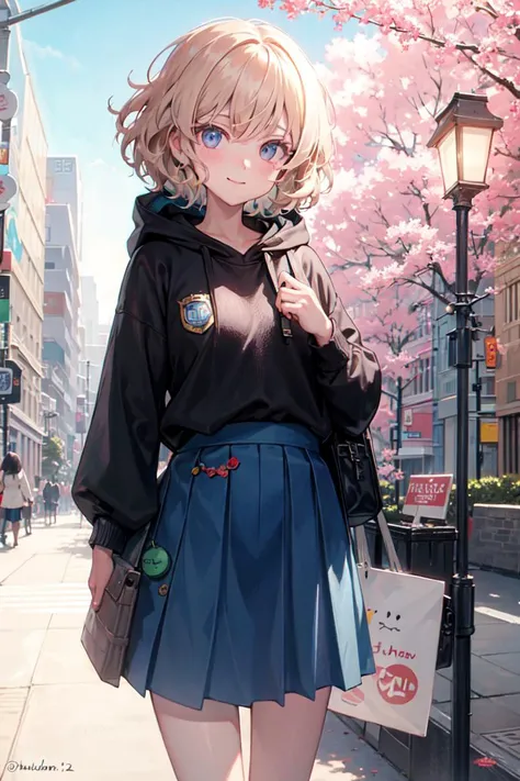 1girl, straight-on, looking at viewer, badge, bangs, clothes writing, hood down, short hair, smile, standing, long sleeves, closed mouth, (blue skirt:1.05), solo, (light blush:0.9), bare tree, building, city, cityscape, day, outdoors, street, tokyo \(city\), tree