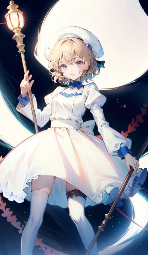 (iwanagadress:1.2), (iwanagakotoko:0.9),(beret:1.8), <lora:iwanagakotoko>,<lora:inventedInferenceIwanaga_v10>, light smile,
iwanaga kotoko, 1girl, beret, black bow, blue skirt, bow, brown footwear, cane, dress, hair bow, hat, holding, holding cane, juliet sleeves, light brown hair, long sleeves, looking at viewer, petticoat, puffy sleeves, purple eyes, short hair, skirt, solo, thigh strap, thighhighs, white dress, white headwear, white thighhighs, kyokou suiri