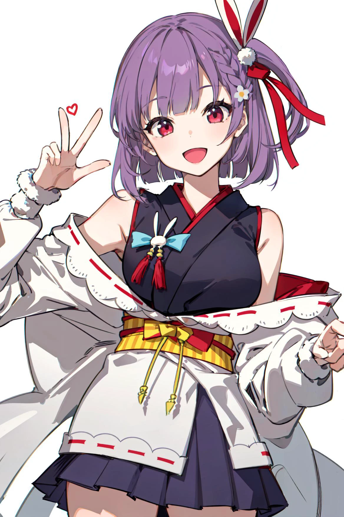 1girl, (masterpiece),(ultra-detailed),(best quality), tenjin kotone, one side up, hair flower, japanese clothes, black skirt, pleated skirt, light purple hair, red eyes, (simple white background:1.2), smile, :D, (peace sign), (bare shoulder), cowboy shot, from upper, (looking at viewer), dynamic pose, <lora:vtuber_tenjin:0.9>