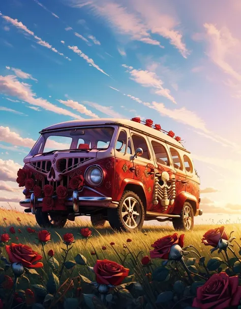 GratefulAI bone car made out of a (skeleton:1.2) with red roses, beautiful summer day, grassy field, volumetric lighting, hyperrealism, bright and colorful, rendered in unreal engine <lora:GratefulAI:.8>