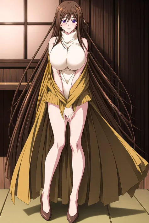 ((masterpiece)),((best quality)),ultra-detailed,illustration,(anime screencap),1girl,solo,long hair,breasts,brown hair,purple eyes,very long hair,huge breasts,skirt,ribbon,own hands together,shair ribbon,bare shoulders,turtleneck,large breasts,v arms,breasts squeezed together,sleeveless,bow,shawl,sleeveless turtleneck,sweater,looking at viewer,own hands clasped,impossible clothes,shirt,blue sky,Beautiful Finger,Beautiful long legs,Beautiful body,Beautiful Nose,Beautiful character design,perfect eyes,perfect face,alluring,,official art,extremely detailed CG unity 8k wallpaper,perfect lighting,Colorful,ultra highres,4K,photography,8K,HDR,highres,(groin),(Beautiful,large breasts:1.4),((bedroom,against table)),
day,(beautiful face:1.5),(narrow waist),(brown hair,brown eyes),(hair between eyes, long hair:1.5),((full body:1.5)),Kasatani Youko,Saiminjutsu 2,<lora:Kasatani Youko:0.7>,