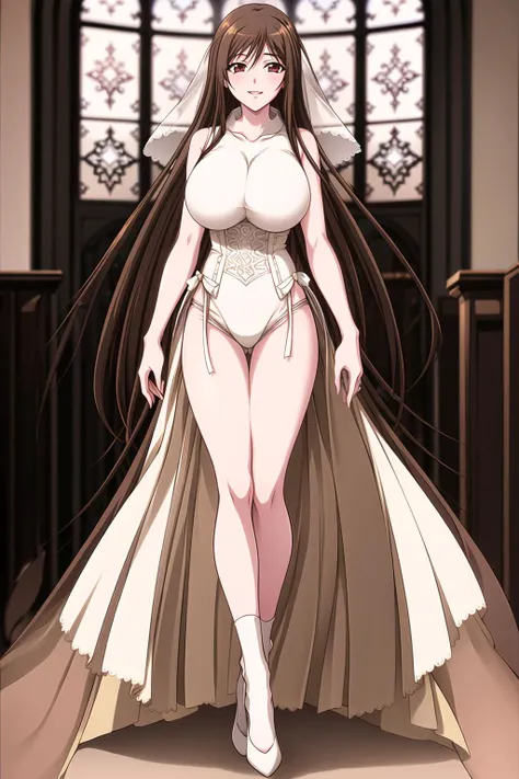 ((masterpiece)),((best quality)),ultra-detailed,illustration,1girl,solo,(anime screencap),cowboy shot,((Wedding dress, white wedding dress)), ((white high heels, white knee socks)), wedding, western wedding, ((church)), cross, happiness,blue sky,Beautiful Finger,Beautiful long legs,Beautiful body,Beautiful Nose,Beautiful character design,perfect eyes,perfect face,alluring,,official art,extremely detailed CG unity 8k wallpaper,perfect lighting,Colorful,ultra highres,4K,photography,8K,HDR,highres,(groin),(Beautiful,large breasts:1.4),day,(beautiful face:1.5),(narrow waist),(brown hair,brown eyes),(hair between eyes, long hair:1.5),((full body:1.5)),Kasatani Youko,Saiminjutsu 2,<lora:Kasatani Youko:0.7>,