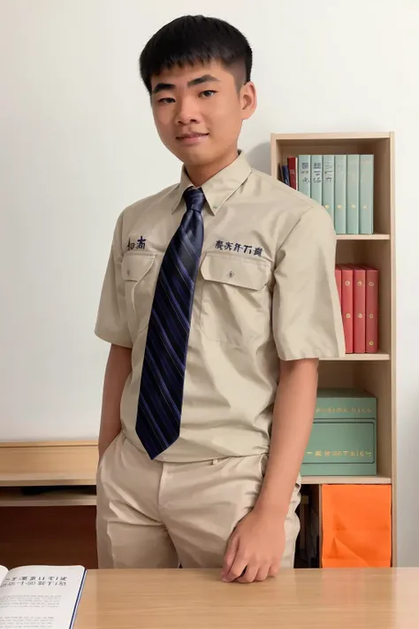 zage,stubble,((Asian)) ,gaygaygay, Private school boy. Dormitory room. Uniform clad. Absent-minded gaze. Book-laden desk. Bunk bed. Striped tie. School emblem. Laid-back posture. Casual comfort. Moody lighting. Stacks of textbooks. Wall posters. Personal belongings scattered., (masterpiece:1. 0), (best quality:1. 4), (ultra highres:1. 2), (intricate details:1.3), (soft focus:1. 4), (sharp focus:1. 4),Raw photo,1man,