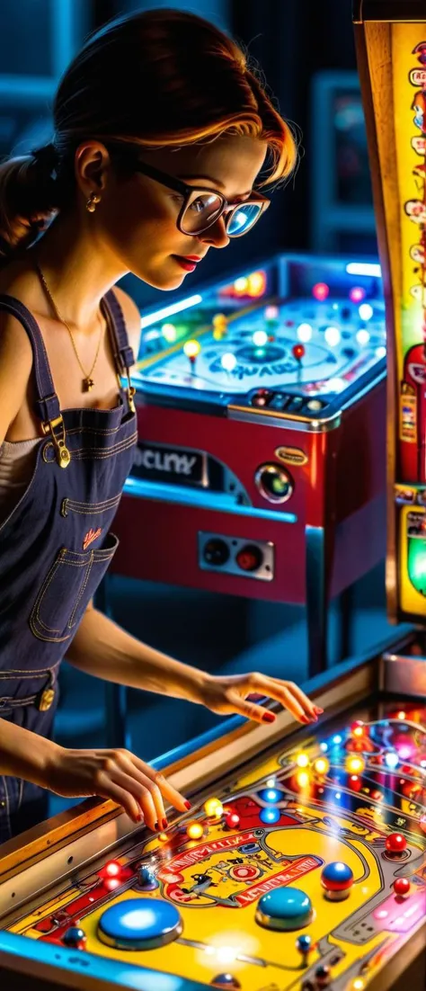 <lora:Miniature_People_-_By_DICE-000006:1.0> img, nerdy (miniature woman), Customizing a vintage pinball machine, backlit