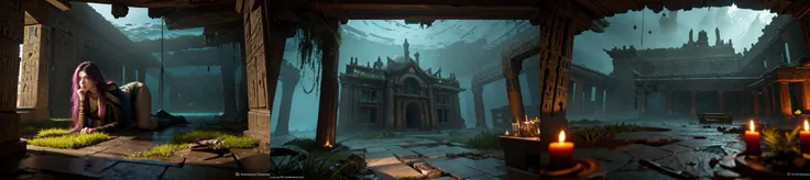 (otherworldly, otherworldly atmosphere, otherworldly appearance), highly insanely detailed, masterpiece, top quality, best quality, highres, 4k, 8k, RAW photo, 
((ancient egyptian theme:1.2)), Hong Kong structure, building, structure, taiwan, korean, 
swirling energy, 
tentacle, 
(underwater), 
reflection, reflective floor, 
abandoned building, overgrown with vegetation, [volumetric fog], cinematic lighting, colorful, colourful, 
(long_hair, long hair, random colors hair, glowing hair, hair over one eye, long messy hair), 
(eyelashes, eyeliner, eyeshadow, eyelashes, long eyelashes), 
collar, earrings, jewelry, necklace, armlet, 
high-heels, 
nsfw, 
cleavage, perfect female body, makeup, 
action pose, 
drunk, biting, 
dawn, 
environment, underground, dungeon-background, dungeon, vines, moss, prison cells, iron bars, candle on table, 
<lora:dungeon v1:0.8>, (fantasy world)