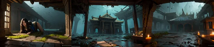 (otherworldly, otherworldly atmosphere, otherworldly appearance), highly insanely detailed, masterpiece, top quality, best quality, highres, 4k, 8k, RAW photo, 
((ancient egyptian theme:1.2)), Hong Kong structure, building, structure, taiwan, korean, 
swirling energy, 
tentacle, 
(underwater), 
reflection, reflective floor, 
abandoned building, overgrown with vegetation, [volumetric fog], cinematic lighting, colorful, colourful, 
(long_hair, long hair, random colors hair, glowing hair, hair over one eye, long messy hair), 
(eyelashes, eyeliner, eyeshadow, eyelashes, long eyelashes), 
collar, earrings, jewelry, necklace, armlet, 
high-heels, 
nsfw, 
cleavage, perfect female body, makeup, 
action pose, 
drunk, biting, 
dawn, 
environment, underground, dungeon-background, dungeon, vines, moss, prison cells, iron bars, candle on table, 
<lora:dungeon v1:0.8>, (fantasy world)