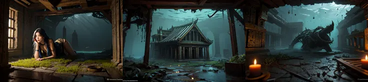 (otherworldly, otherworldly atmosphere, otherworldly appearance), highly insanely detailed, masterpiece, top quality, best quality, highres, 4k, 8k, RAW photo, 
((ancient egyptian theme:1.2)), Hong Kong structure, building, structure, taiwan, korean, 
swirling energy, 
tentacle, 
(underwater), 
reflection, reflective floor, 
abandoned building, overgrown with vegetation, [volumetric fog], cinematic lighting, colorful, colourful, 
(long_hair, long hair, random colors hair, glowing hair, hair over one eye, long messy hair), 
(eyelashes, eyeliner, eyeshadow, eyelashes, long eyelashes), 
collar, earrings, jewelry, necklace, armlet, 
high-heels, 
nsfw, 
cleavage, perfect female body, makeup, 
action pose, 
drunk, biting, 
dawn, 
environment, underground, dungeon-background, dungeon, vines, moss, prison cells, iron bars, candle on table, 
<lora:dungeon v1:0.8>, (fantasy world)