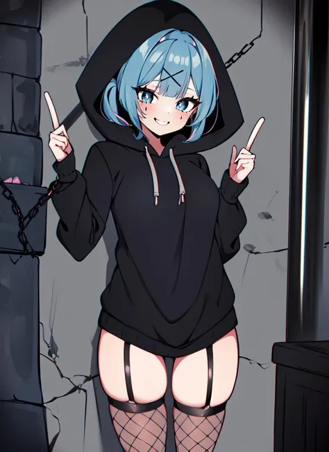 ((best quality)), ((highly detailed)), extremely detailed face, beautiful face, , (1girl), (solo), riding bicycle, <lora:miku_bunny:.8>, miku bunny, blue hair, twintails, x hair ornament, blue eyes, pink pupils, medium breasts, smiling, (black hoodie), (hood up), long sleeves, surgical mask, mask pull, no pants, garter straps, <lora:fishnets:.5>, nettedthighs, fishnet thighhighs, high heels, (indoors, <lora:dungeon v1:1>, dungeon-background, dungeon, abandoned, ruins, old, stone wall, hallway, wall torch, candals, iron bars, prisoncell, (chains), treasure chest, dark lighting, adventurer, ð§ââï¸:1.3, witch hat, wide brimmed hat, holding staff:1.3)