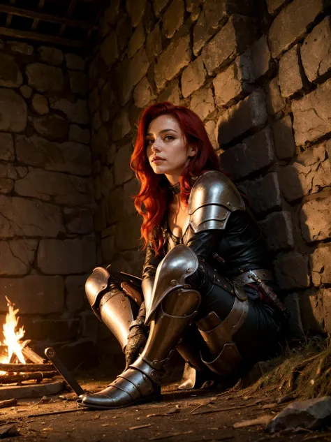 (masterpiece, highest quality, intricate detail), hires,high quality,best quality,character focus,(mature female:1.2),red hair,relaxed,1girl, against wall, iron bars, underground,dungeon-background, armored dress,(sitting:1.1), campfire, sword on ground, tent, moss
<lora:dungeon v1:0.7>