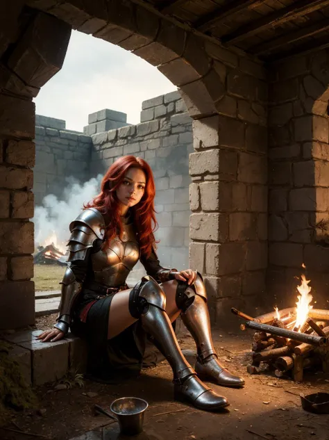 (masterpiece, highest quality, intricate detail), hires,high quality,best quality,character focus,(mature female:1.2),red hair,relaxed,1girl, against wall, iron bars, underground,dungeon-background, armored dress,(sitting:1.1), campfire, sword on ground, tent, moss
<lora:dungeon v1:0.7>