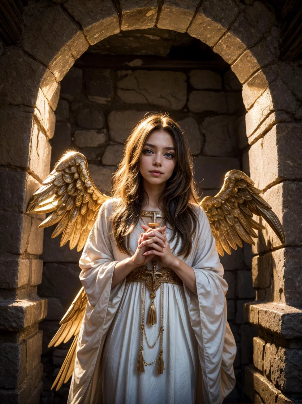 (masterpiece, highest quality, intricate detail), ((best quality)), ((highly detailed)), masterpiece, detailed face, beautiful face, , <lora:more_details:.3>, (1girl), cowboy shot, wide shot, <lora:hairdetailer:.6>, ((cherub playing a harp, short)), angelic, blonde hair, (floating hair), blue eyes, large white wings, symmetrical wings, (halo), golden glow, calm smile, long hair, flowing (white gown), maxi dress, <lora:EraseGroinSkirt:1.5>, (cross), (clouds), <lora:prayhands:.8>, prayhands, interlocked fingers, own hands together, inside, <lora:dungeon v1:0.9>, dungeon-background, dungeon, underground, stairs, stone wall, hallway, wall torch, iron bars, dark lighting