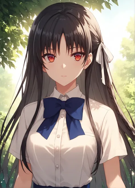 Anime girl with long black hair and red eyes in a white shirt - SeaArt AI