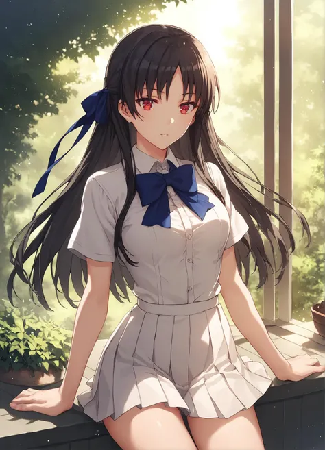 <lora:Horikira_pony:0.8>
score_8_up, score_7_up, source_anime, horikita suzune, beautiful lighting, short sleeve dress shirt, long black hair, beautiful red eyes, (short skirt), white pleated skirt, hair ribbon, blue bow, thighs, early-morning, outdoors, light particles, soft wind, solo, flat colors, high resolution