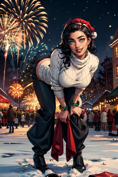 ((masterpiece, best quality)), nsfw, <lora:sxz-esmeralda-v3:0.75>,  solo,  bent over,  (esmeralda, hairband,  green eyes, black hair, long hair) , long shot, full body, smile, happy face,  
central square, big Christmas tree behind, new year celebration, fireworks, Christmas Eve, fireworks, night time, new year sweater, winter cozy pants, winter hat,
<lora:add_detail:0.55>