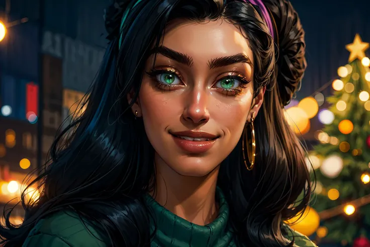 ((masterpiece, best quality)), nsfw, <lora:sxz-esmeralda-v3:0.8>, (ultra close up, focused on face, looking at viewer:1.3) , solo, (esmeralda, hairband, green eyes, black hair, long hair) , long shot, full body, smile, happy face,
central square, big Christmas tree behind, new year celebration, fireworks, Christmas Eve, fireworks, night time, new year sweater, winter cozy pants,hat,
<lora:add_detail:0.55>