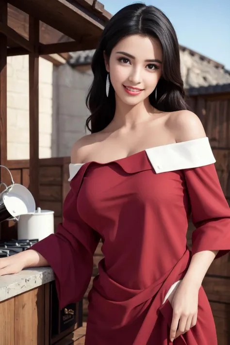 (masterpiece), (best quality),(ultra_highres),(8k resolution),(realistic),(ultra_detailed),(((realism:1.4))),finely detail, good anatomy, high res,colorful,intricate detail,HDR,hand of Guido Daniele,huge breasts, smile,
cool & sexy \(idolmaster\), half_body, Looking at the viewer,slim_legs, slim_thighs:1.2, younger,beautiful_girl,1 girl, beautiful tooth, ((beautiful eyes)), ((beautiful face)), ((focus on face)), beautiful finger,
outdoor, kitchen,
esmeralda,dark-skinned female, long hair,off shoulder, Wine Red arabian clothes, crown hair ornament, barrette, <lora:esmeraldaDisney_v20Final:0.6> <lora:aiBeautyIthlinni_ithlinniV1:0.4> ithilinni,