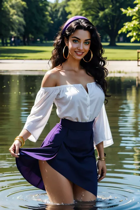 esmeralda,hoop earrings, green eyes,hairband, long black hair, dark skin, bracelet, white shirt, off shoulder cleavage, long purple skirt, looking at viewer, serious, smiling, standing, skirt lift, submerged in water, knee deep water, lake, park, trees, winter, blue sky, high quality, masterpiece, <lora:esmeraldaV4:.7>