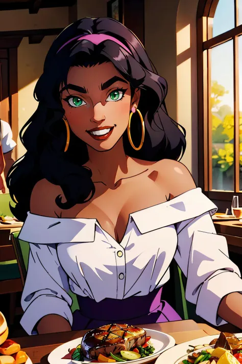 esmeralda,hoop earrings, green eyes,hairband, long black hair, dark skin, bracelet, long purple skirt, white shirt, off shoulder,cleavage, looking at viewer, smiling, happy, sitting, behind a table, table full of food, steak, vegetables, romantic ambiance, high quality, masterpiece, <lora:esmeraldaV4:.7>