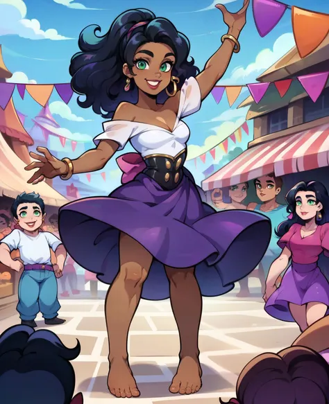 zPDXL, woman, chibi,
esmeralda, dark skinned woman, black hair, green eyes, lipstick, earring, bracelet, hair ribbon, white shirt, off shoulder, purple skirt, barefoot, looking at viewer, smiling, full body shot, dancing, outside, market, crowd,
<lora:esmeralda:.8> <lora:CitronAnimeTreasure:1>