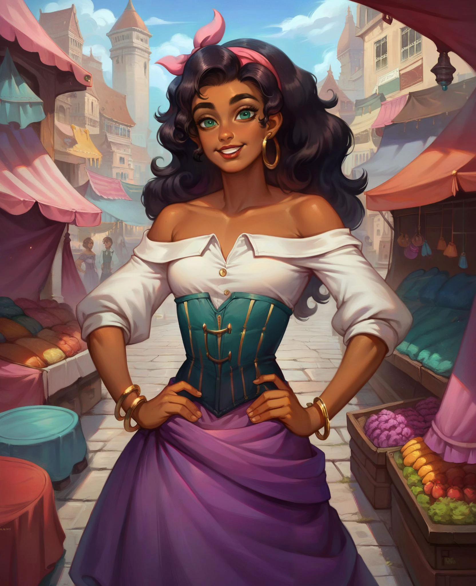zPDXL, 1girl,
esmeralda, dark skinned woman, lipstick, green eyes, earring, bracelet, hair ribbon, white shirt, off shoulder, purple skirt, corset, looking at viewer, smiling, standing, hands on hips, outside, city, market, overcast,
<lora:esmeralda:.8><lora:Oil Gothic Painting Style SDXL_LoRA_Pony Diffusion V6:.9>