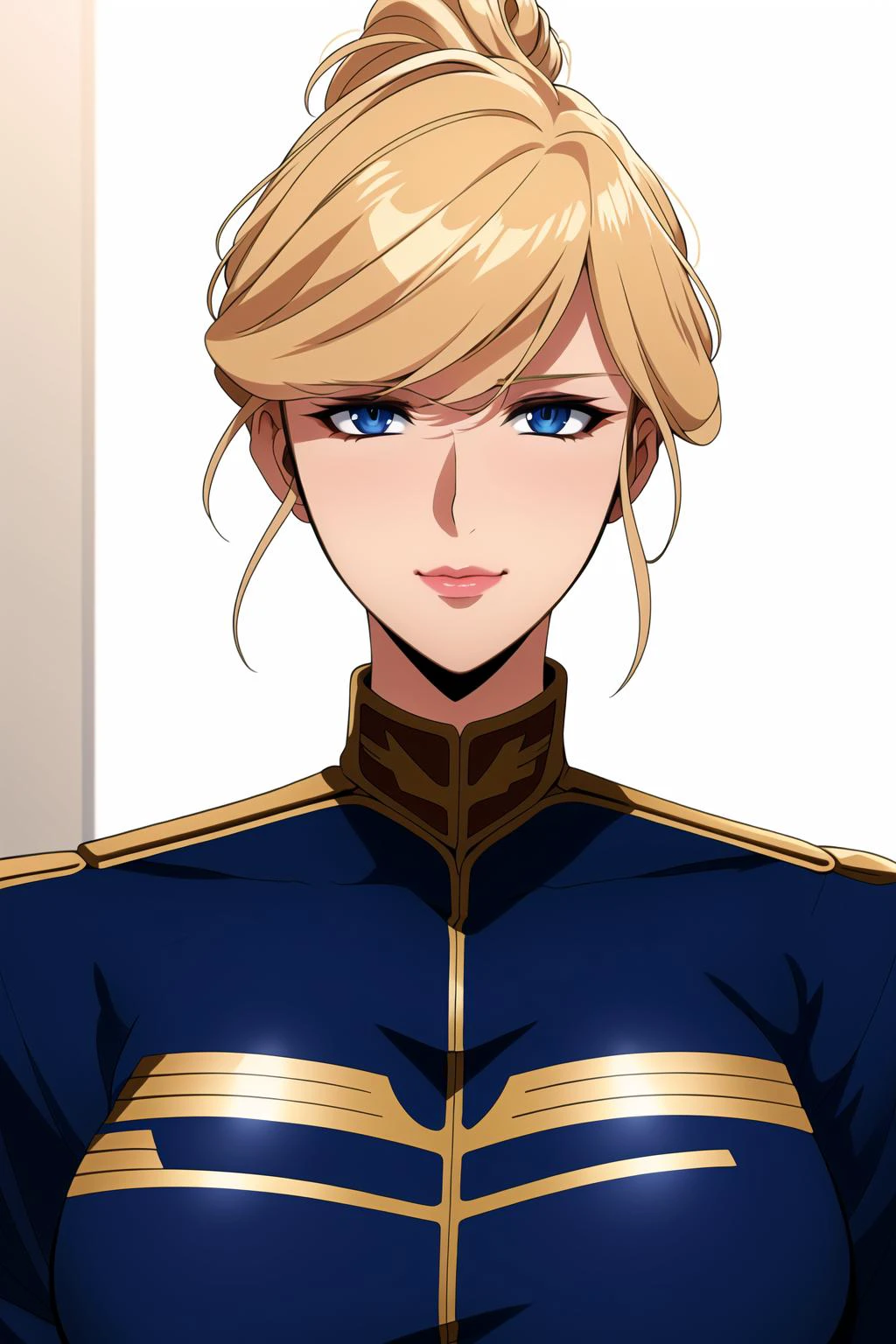 Simple White Background,
Blue_military_uniform,pantyhose, a uniform with gold trims and a collar,shirt,belt,
<lora:Cynthia_08_Gundam-KK77-V1:0.7>,
blonde hair,blue eyes,lipstick, Bangs,Hair_bun,
<lora:Oda_Non_Style-KK77-V2:0.3>,<lora:more_details:0.1>,
1 girl, 20yo,Young female,Beautiful Finger,Beautiful long legs,Beautiful body,Beautiful Nose,Beautiful character design, perfect eyes, perfect face,expressive eyes,perfect balance,
looking at viewer,(Focus on her face),closed mouth, (innocent_big_eyes:1.0),Light_Smile,
official art,extremely detailed CG unity 8k wallpaper, perfect lighting,Colorful, Bright_Front_face_Lighting,shiny skin,
(masterpiece:1.0),(best_quality:1.0), ultra high res,4K,ultra-detailed,
photography, 8K, HDR, highres, absurdres:1.2, Kodak portra 400, film grain, blurry background, bokeh:1.2, lens flare, (vibrant_color:1.2),professional photograph,
(Beautiful,large_Breasts:1.6), (beautiful_face:1.5),(narrow_waist),