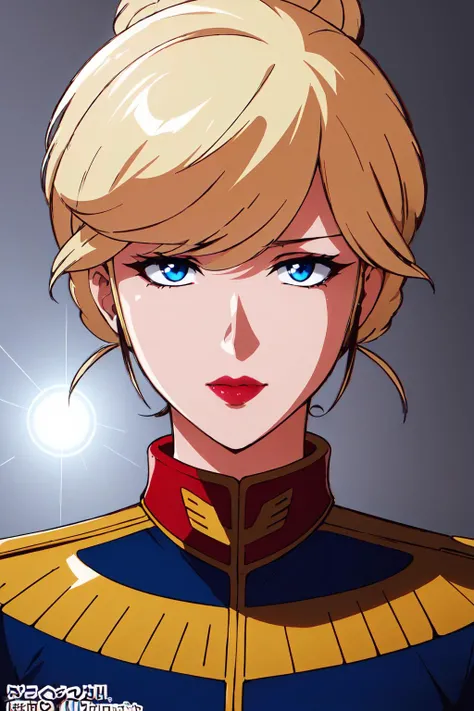 Blue_military_uniform,pantyhose, a uniform with gold trims and a collar,shirt,belt,
<lora:Cynthia_08_Gundam-KK77-V1:0.7>,
blonde hair,blue eyes,lipstick, Bangs,Hair_bun,
1 girl, 20yo,Young female,Beautiful Finger,Beautiful long legs,Beautiful body,Beautiful Nose,Beautiful character design, perfect eyes, perfect face,expressive eyes, looking at viewer, in the center of the image,(light_smile:0.5), official art,extremely detailed CG unity 8k wallpaper, perfect lighting,Colorful, Bright_Front_face_Lighting,shiny skin, (masterpiece:1.0),(best_quality:1.0), ultra high res,4K,ultra-detailed, photography, 8K, HDR, highres, absurdres:1.2, Kodak portra 400, film grain, blurry background, bokeh:1.2, lens flare, (vibrant_color:1.2) (Beautiful,large_Breasts:1.0), (beautiful_face:1.5),(narrow_waist)