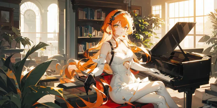 (masterpiece:1.2), best quality,PIXIV, 
1girl, long hair, solo, sitting, dress, very long hair, indoors, pantyhose, orange hair, white dress, book, black pantyhose, window, instrument, looking at viewer, plant, bangs, hairband, phonograph, feet out of frame, holding, gloves, black gloves, piano, book stack
 <lora:dreamlike_20230726113326-000010:0.9>