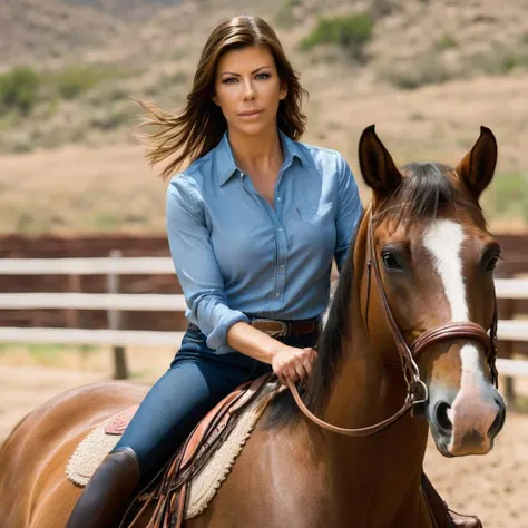 a photo of alexis fawx, ohwx woman, riding a horse, brown hair, best quality, detailed skin, fine details, <lora:alexisfawx_SDXL:0.8>
