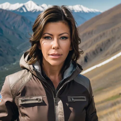 a photo of alexis fawx, ohwx woman, on a mountain, wearing a jacket, brown hair, best quality, detailed skin, fine details, <lora:alexisfawx_SDXL:0.8>