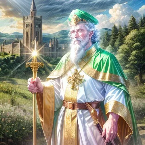 Saint Patrick, old irish man, long curly white beard, blue eyes, determined, glowing body, golden aura, standing on hill, gold green and white robes, clover pattern robes, green flower print, gold trimmed green pope hat, bathed in holy light, holding staff, staff with equal sign ornament, holding hand in the air, beautiful landscape, medieval village in distance, rain, lightning <lora:glowing_body:1.5> face focus <lora:more_details:0.8>